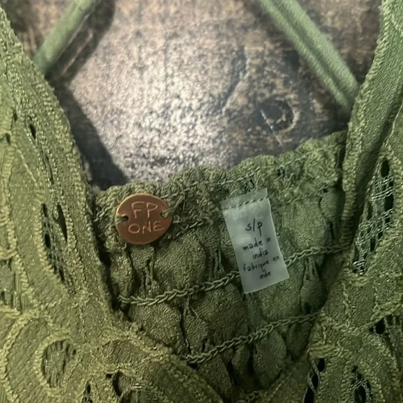 Free People Adella Lace Smock Back Ruffle Cotton Blend Back Detail Cami Green